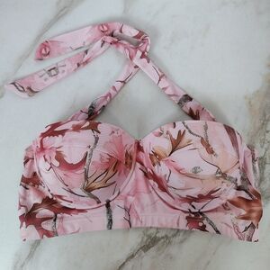 Pink Camo Hawaiian Print Retro Halter Molded Cups Underwire Bikini Top, L